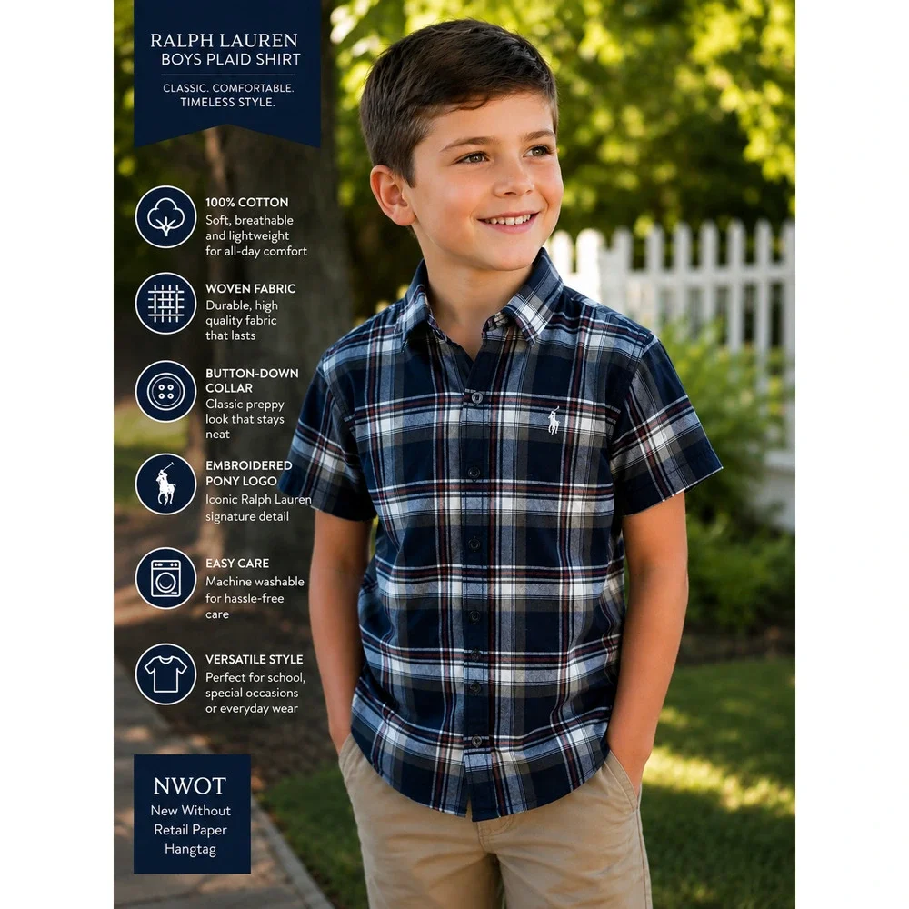 Ralph Lauren Boys Size 6Y Plaid Short Sleeve Button Down Shirt Custom Fit NWOT